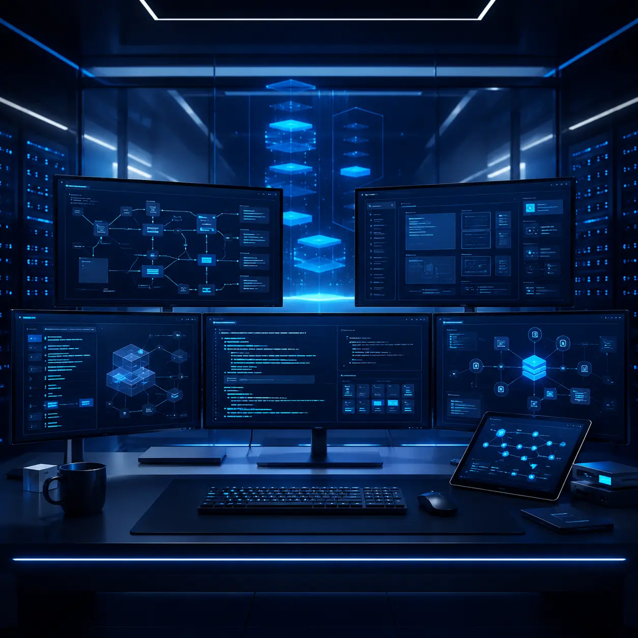 Futuristic software engineering workstation showing code architecture, API connections, databases and AI automation
